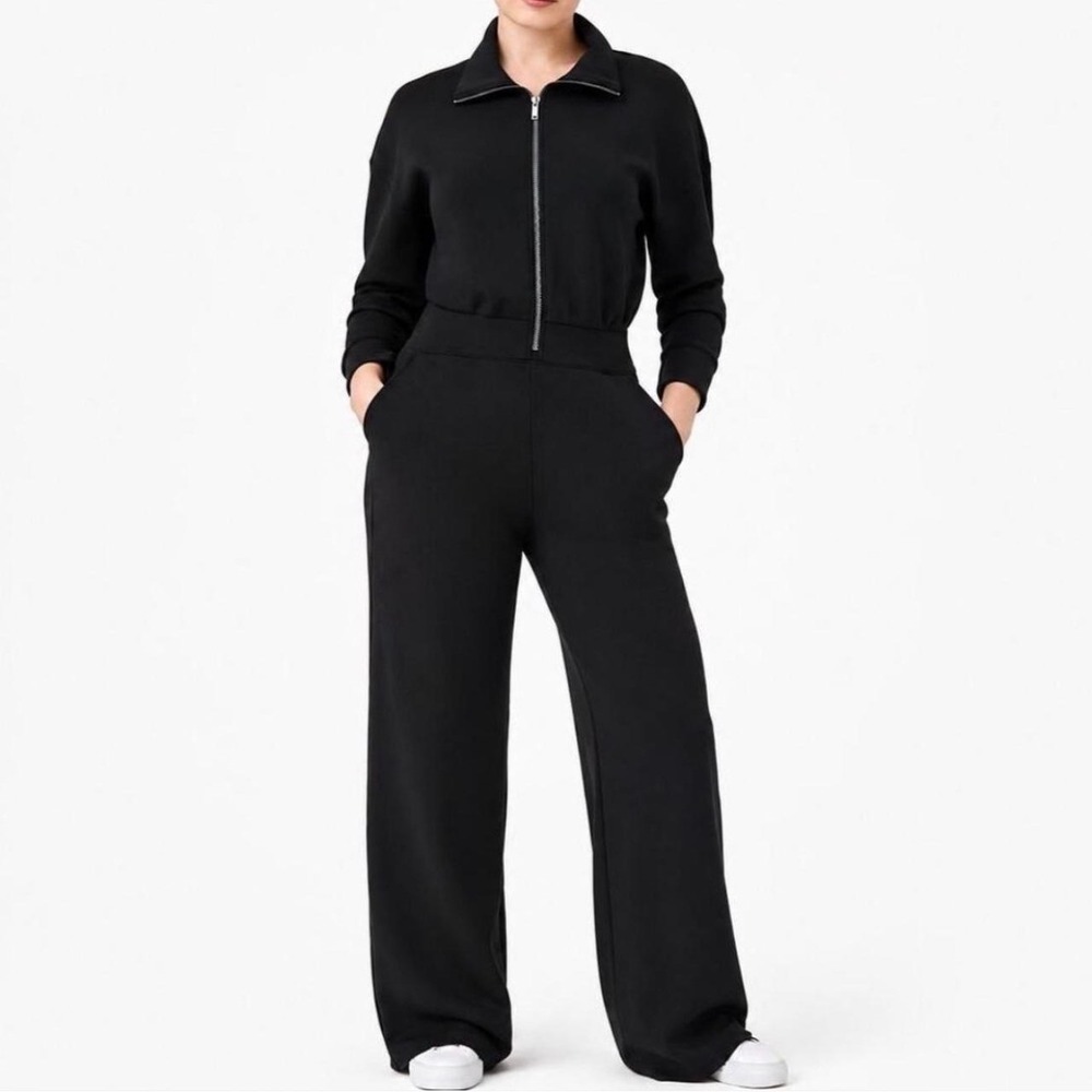Spanx AirEssentials Mock Neck Full Zip Jumpsuit Black Size XL Petite Wide Leg - Picture 2 of 10